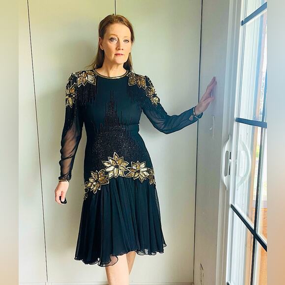 Vintage 90s Dress Sequin Beaded Party Cocktail Formals Red Carpet Black Gold s/6 - Picture 1 of 14